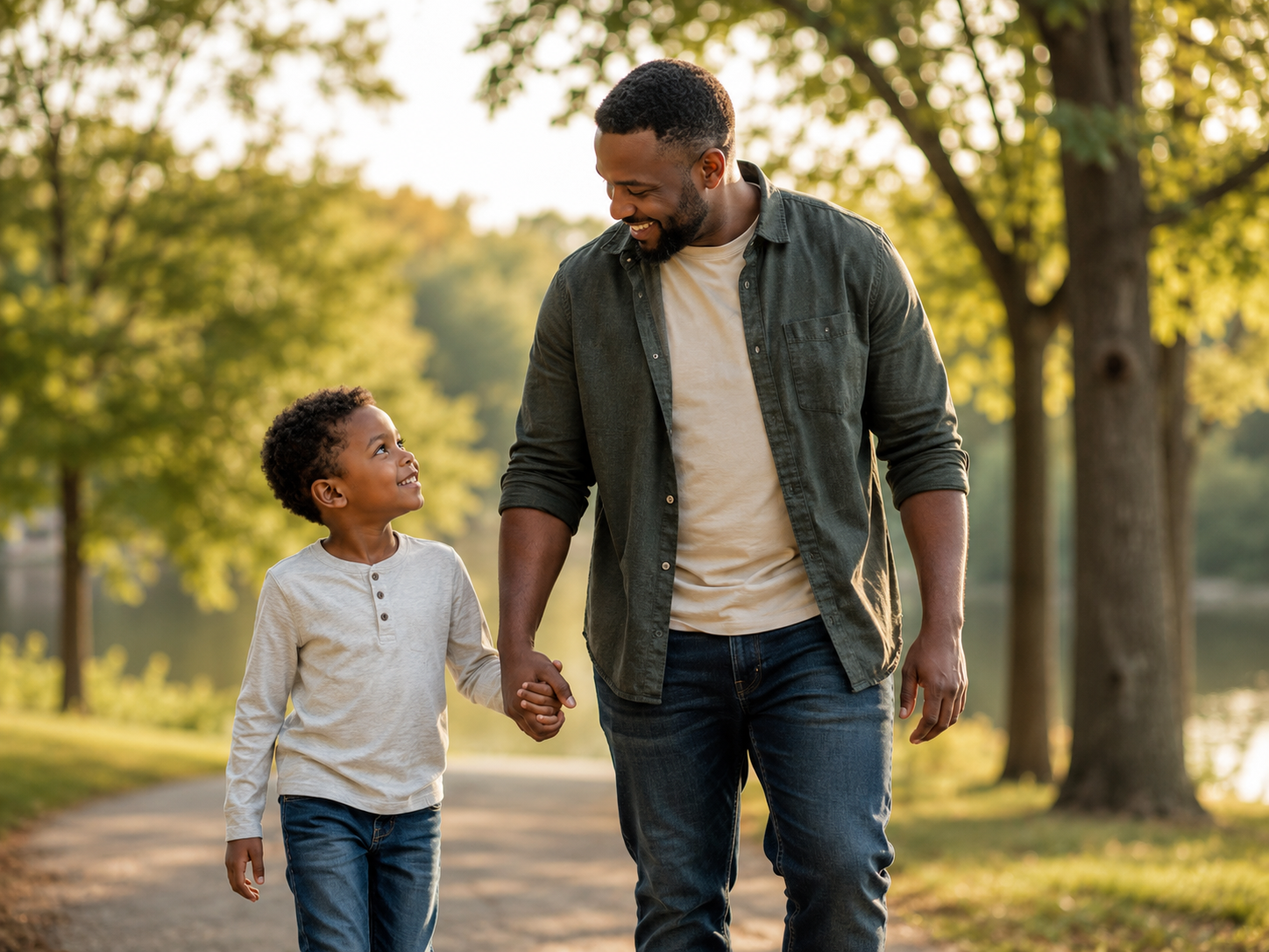 Father and son walking together outdoors